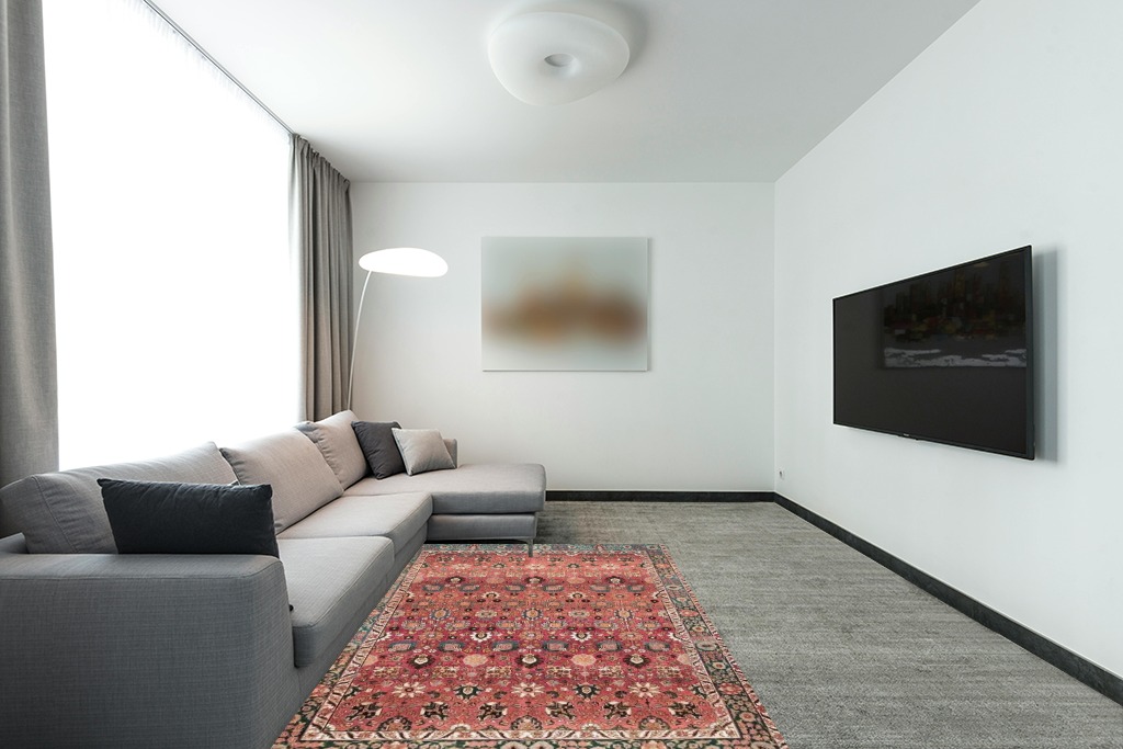 Rug over carpet ideas in Modern Living Room with Grey Couch