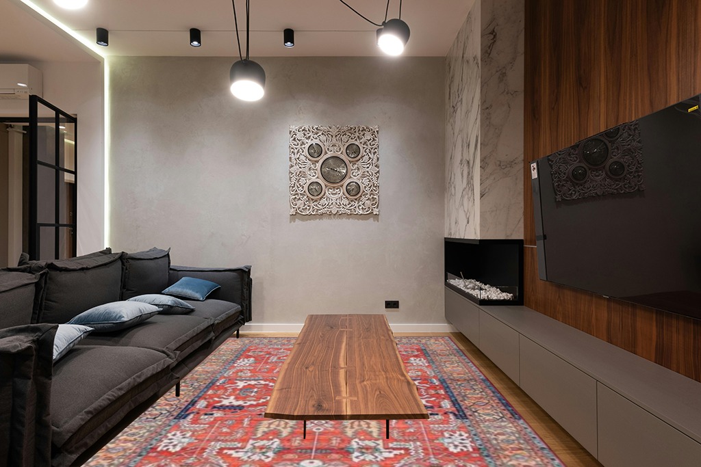 Syalife Washable Rug Vintage Area Rugs, 8'x 10' Living Room Rug with Non Slip Backing, Distressed Indoor Carpet Non-Shedding Red Rug, Vintage Floor Mat Indoor Rug (Red, 8'x 10') in Dark Wood Living Room with Black Couch