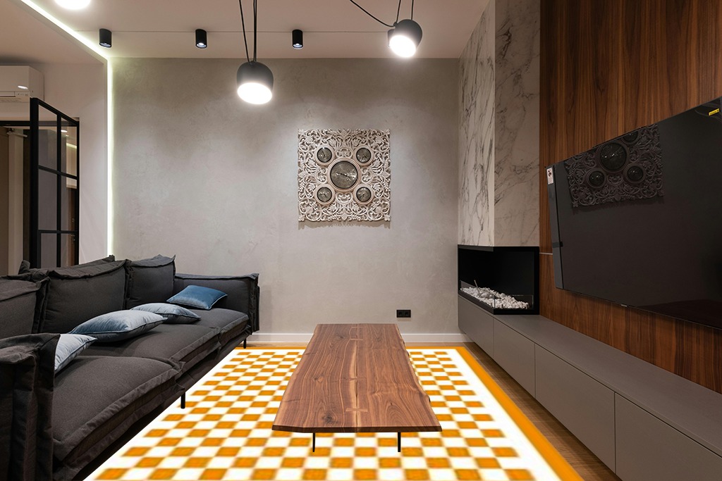 Washable 8x10 Checkered Area Rug for Living Room, Orange Checkerboard Modern Boho Large Rugs, Ultra Thin Low Pile Lightweight Indoor Carpet with Non-Slip Backing for Bedroom Kids Nursery Play Room in Dark Wood Living Room with Black Couch