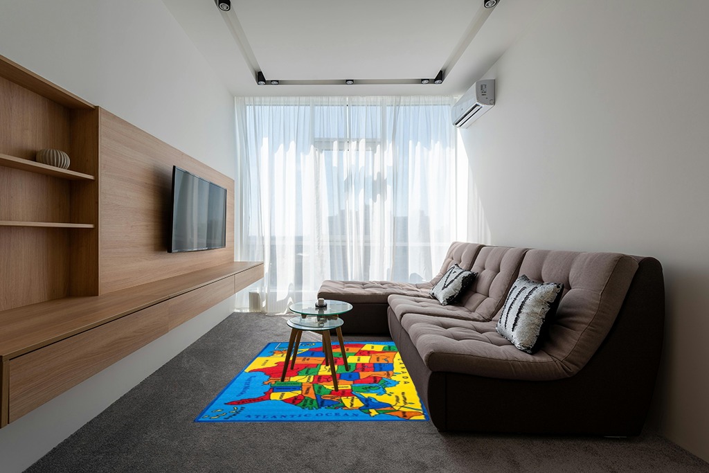 Kids Rug USA Map Area Rug 5x7 (Approx : 4'11" X 6' 10") Non Slip Gel Backing in Grey Living Room with Brown Couch