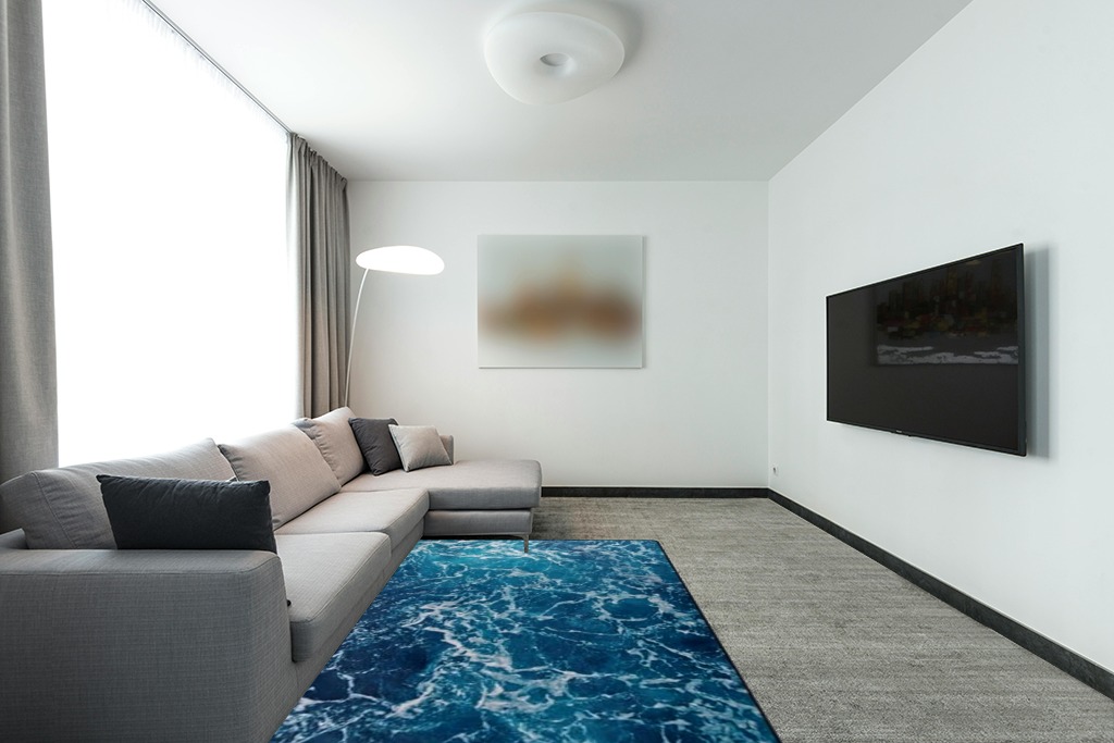 Rug over carpet ideas in Modern Living Room with Grey Couch