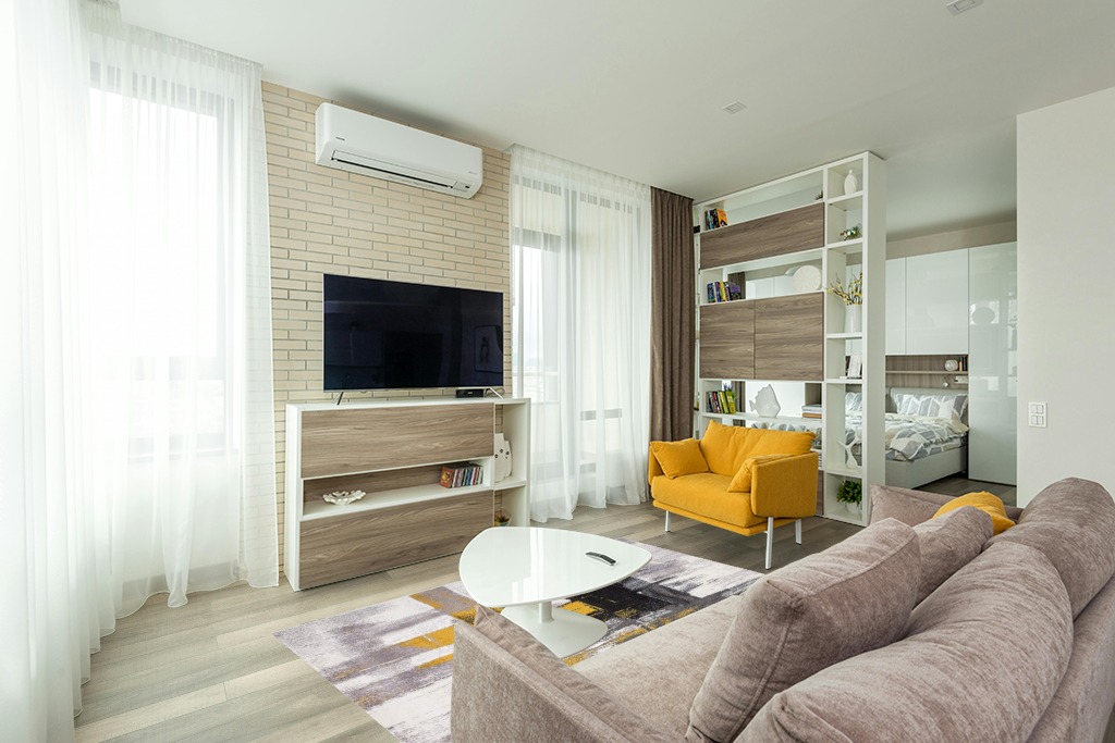 Living room rug ideas in Light Modern Living Room with TV