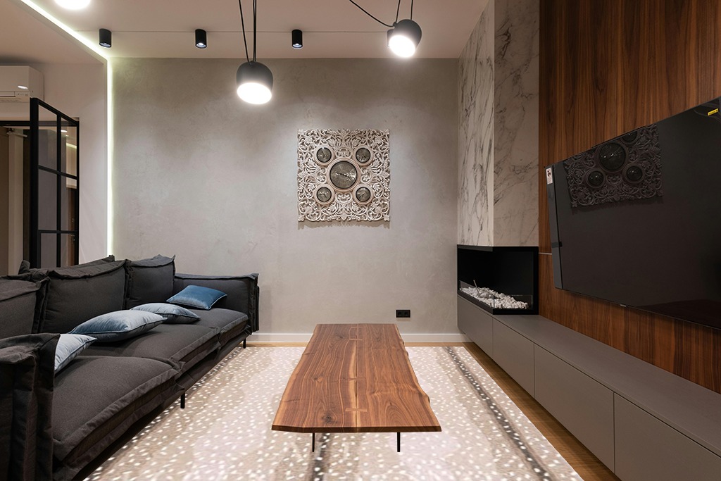Hand Tufted Traditional Wool Area Rugs by Allen Home | Durable | 100% Wool | Living Room, Dining Room, Bedroom, and Entryway Area Rugs | 8’ x 10’ | Antelope Beige in Dark Wood Living Room with Black Couch