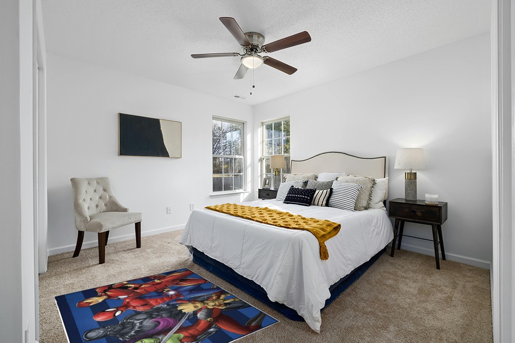 Small powder room rug ideas in White and Yellow Modern Bedroom