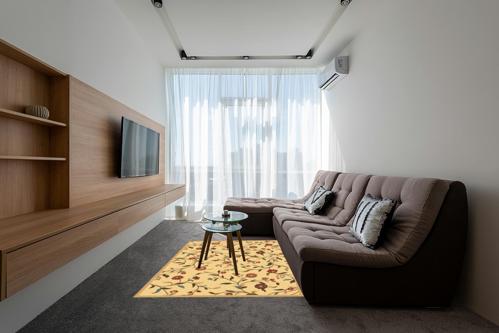Ottomanson Ottohome Collection Non-Slip Rubberback Floral Leaves Design 5x7 Indoor Area Rug, 5' x 6'6", Beige in Grey Living Room with Brown Couch