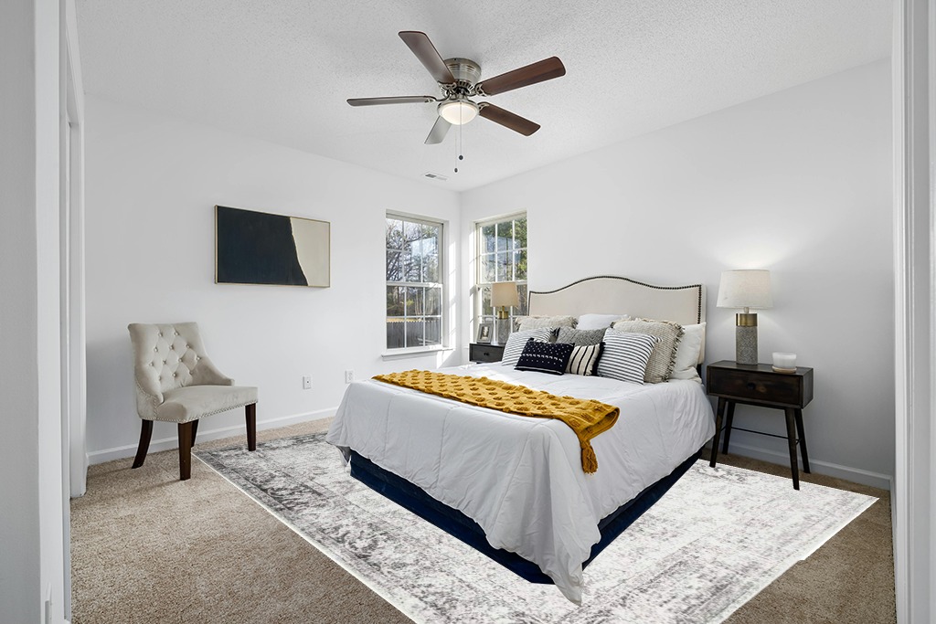 Grey room rug ideas in White and Yellow Modern Bedroom