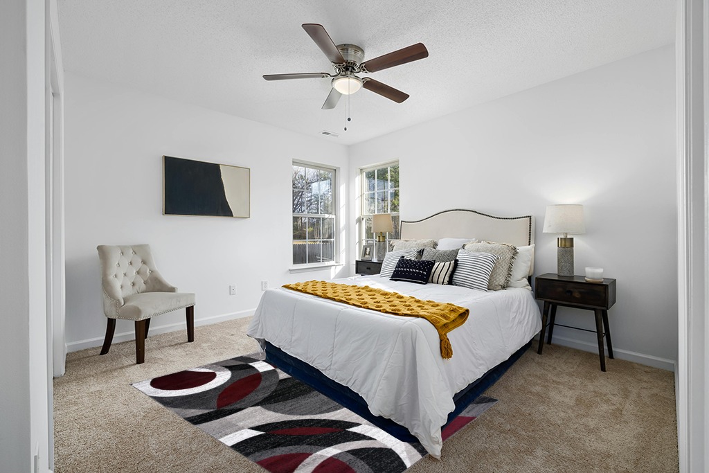Grey room rug ideas in White and Yellow Modern Bedroom