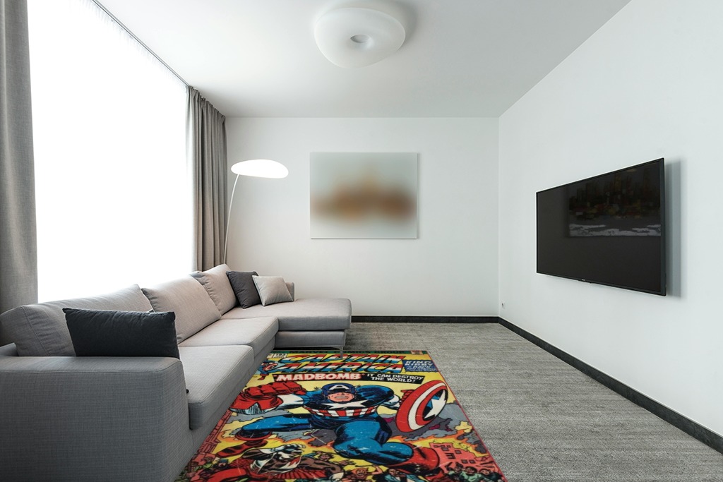 Rug over carpet ideas in Modern Living Room with Grey Couch
