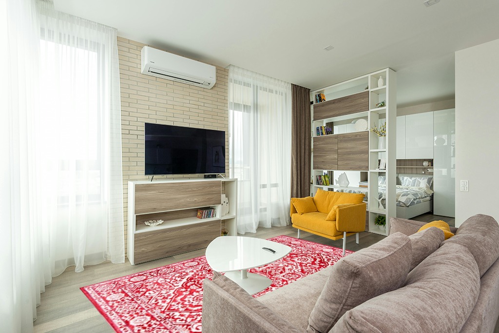 Safavieh 6x9, Red Rug in Modern Living Room with Grey Couch Room