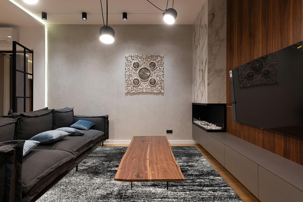 Grey room rug ideas in Dark Wood Living Room with Black Couch