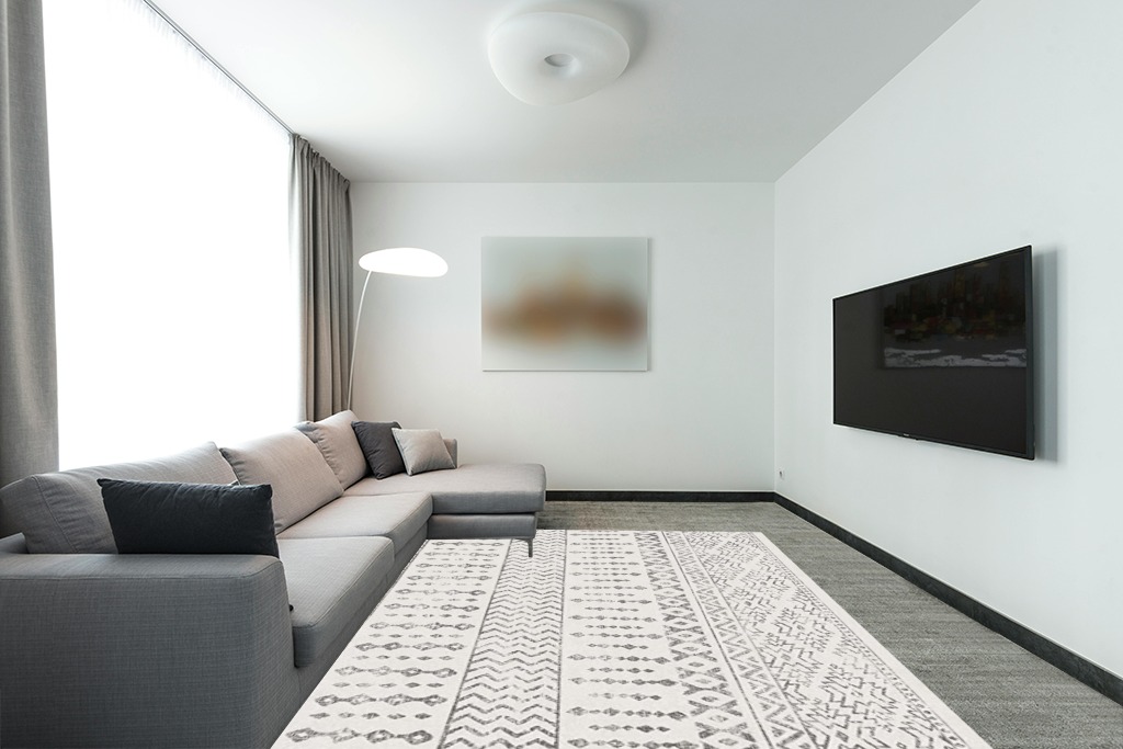 Farmhouse living room rug ideas in Modern Living Room with Grey Couch