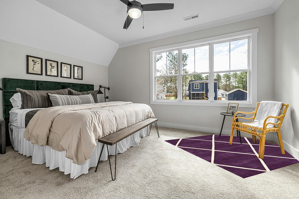 SAFAVIEH Chatham Collection 7' Square Purple / Ivory CHT720F Handmade Diamond Trellis Premium Wool Area Rug in Grey Traditional Bedroom with King Bed
