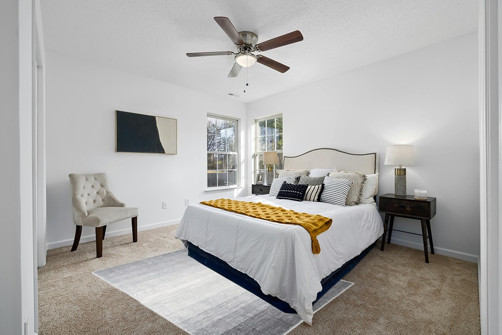 Grey bedroom rug ideas in White and Yellow Modern Bedroom