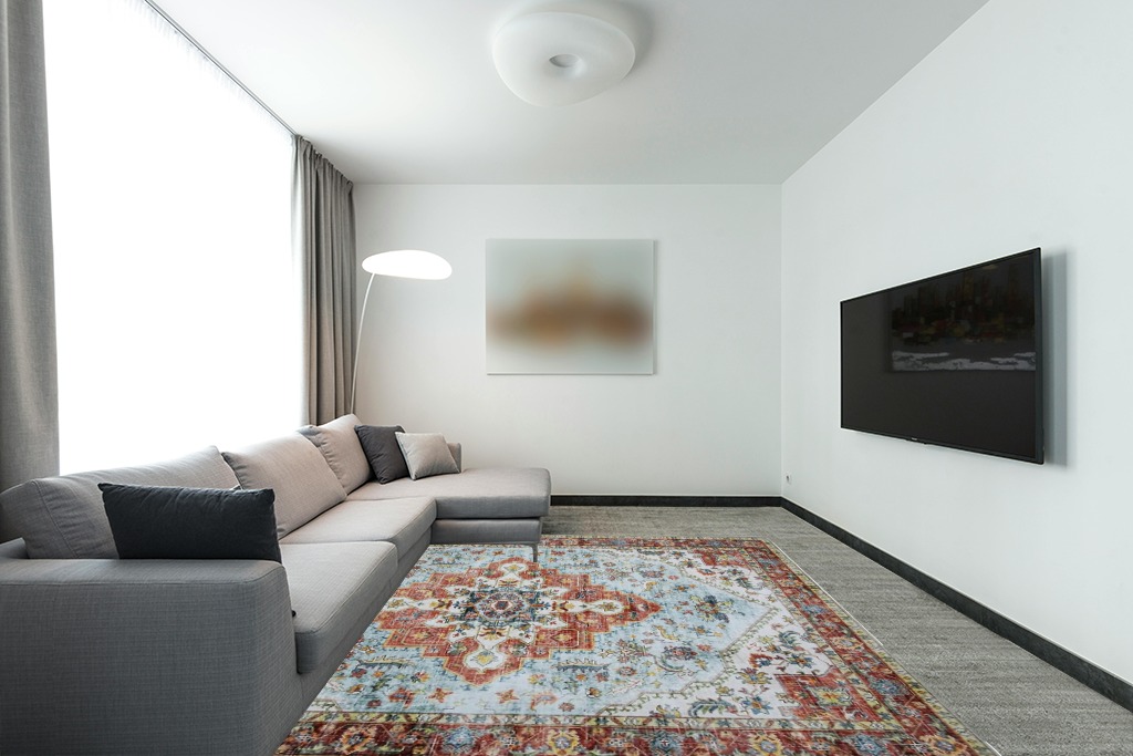 Rug over carpet ideas in Modern Living Room with Grey Couch