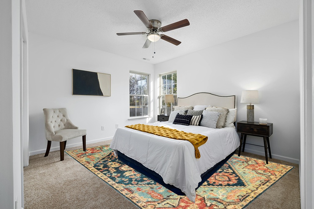 Rug over carpet ideas in White and Yellow Modern Bedroom