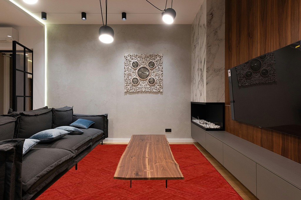 Premium Hand-Braided Natural Jute 8x10 Kilim Area Rug – Geometric Red Pattern, Handwoven Flatweave Carpet for Indoor/Outdoor Use – Perfect for Bedroom, Dining Room & Living Room in Dark Wood Living Room with Black Couch