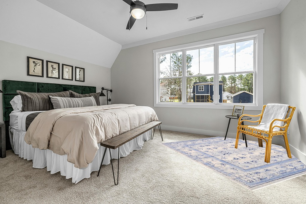 Marconi Floral Blue Area Rug Laurel Foundry Modern Farmhouse Rug Size: Square 7'10" in Grey Traditional Bedroom with King Bed