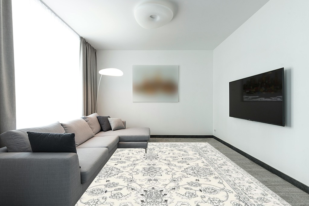 kakania 9x12 and 9x15, Blue and Grey Rug in Modern Living Room with Grey Couch Room
