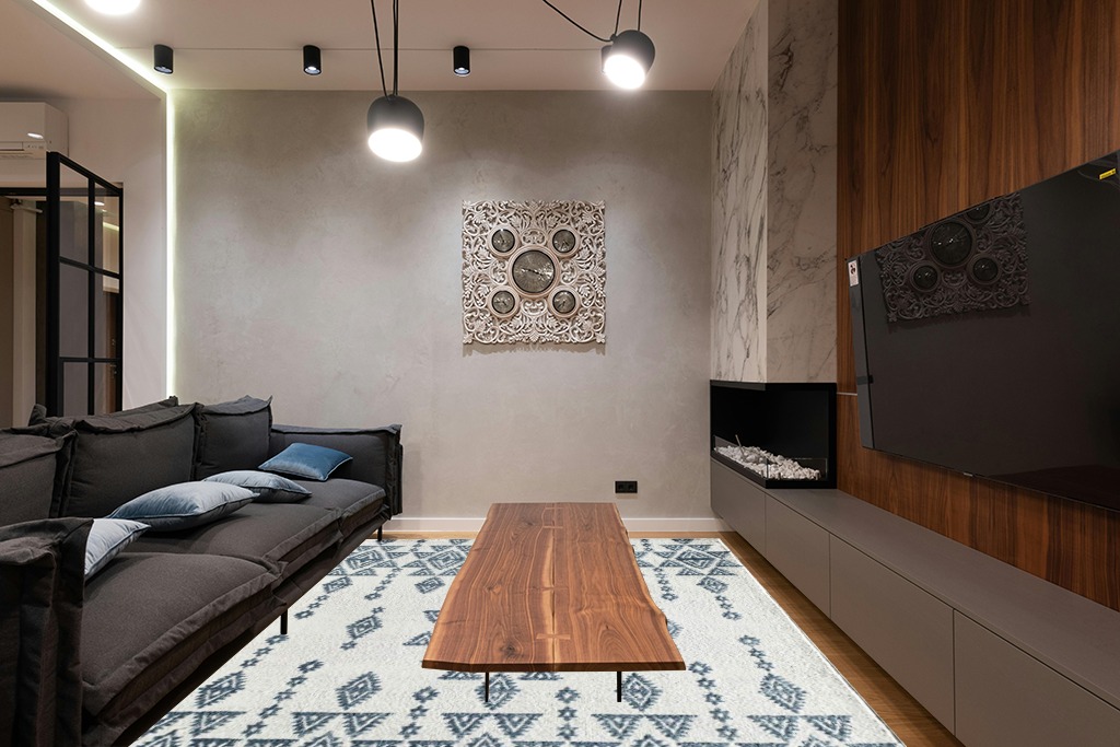 Modern farmhouse rug ideas in Dark Wood Living Room with Black Couch