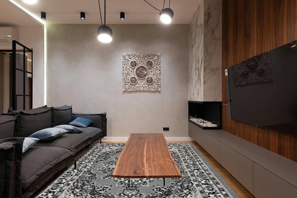 Antep Rugs Oriental 8x10 Traditional Medallion Indoor Area Rug Siesta (Gray Beige, 7'10" x 10') in Dark Wood Living Room with Black Couch